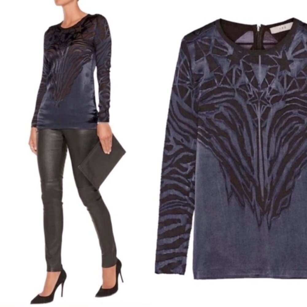 IRO Navy Blue Black Catrine Silk Long Sleeve Geometric Textured blouse Sz 36 / 4